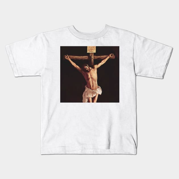 Jesus Christ crucified nailed to the cross and suffering Kids T-Shirt by Marccelus